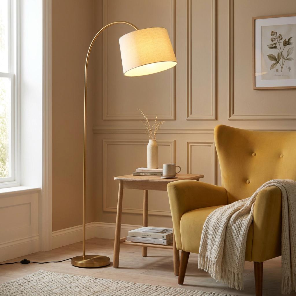 Carlson Brass Modern Floor Lamp with a natural shade illuminating a yellow armchair in a neutral-toned room.