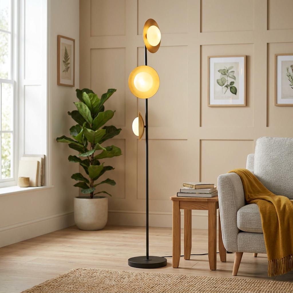 Modern gold floor lamp with three adjustable disc shades in a cozy living room next to a fiddle leaf fig plant.