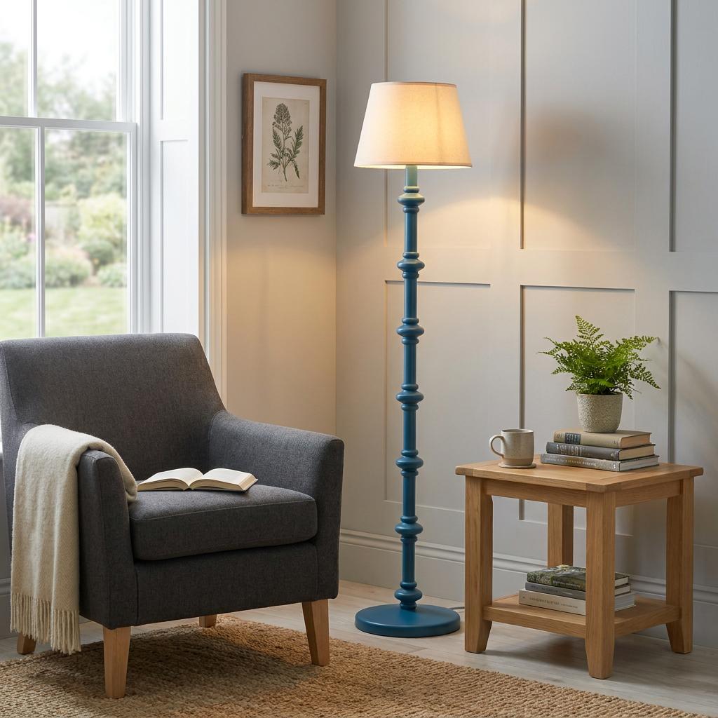 Blue spindled floor lamp with a glowing white shade in a living room with a grey armchair and side table.