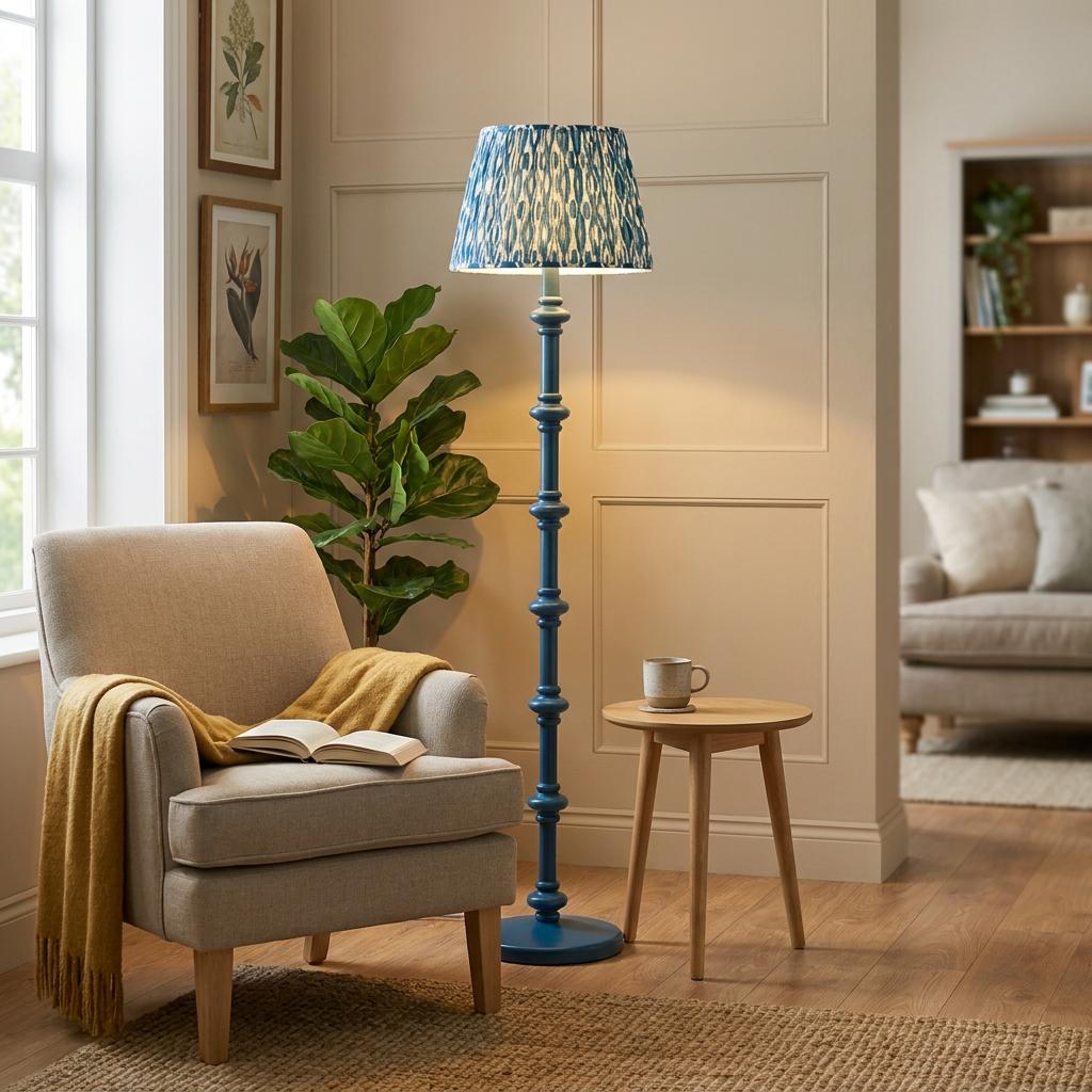 Blue wooden floor lamp with an ikat shade next to a beige armchair in a cozy living room.