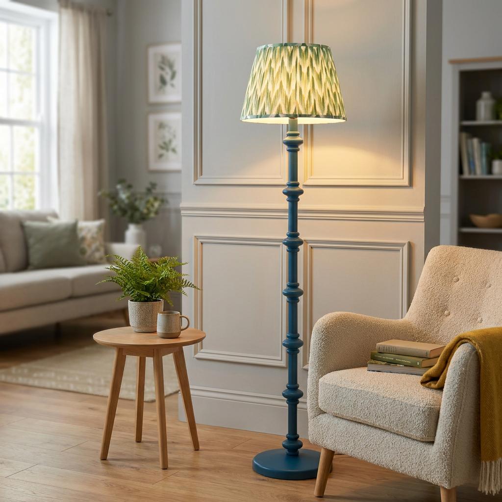 Carnaby Blue wooden floor lamp with a green zigzag shade next to a cream armchair in a cozy living room setting.