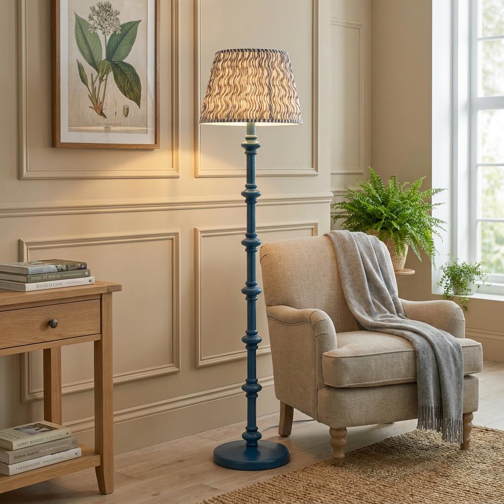 Carnaby Blue wooden floor lamp with a ripple pearl grey shade stands beside a beige armchair in a neutral room.