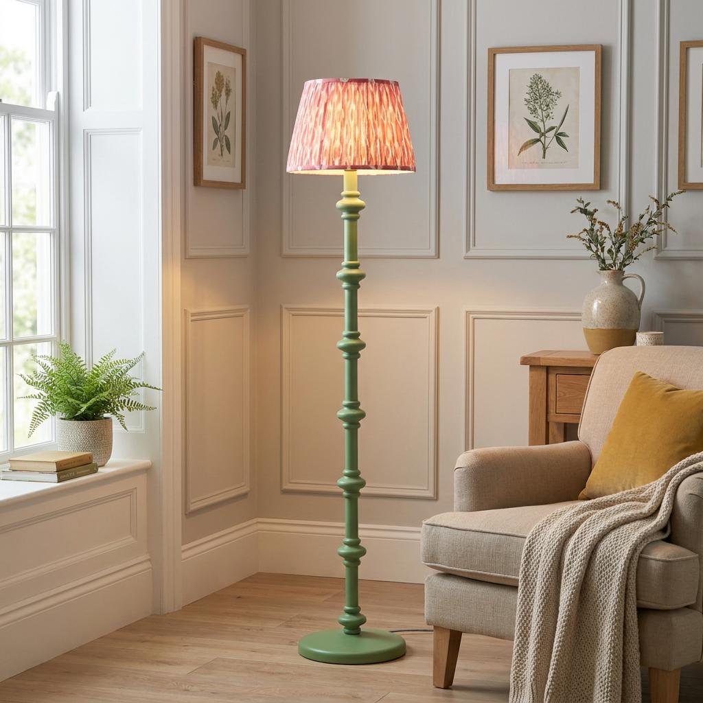 Carnaby Green Floor Lamp with an Ikat 35cm Coral Pink Shade in a living room corner next to a beige armchair.