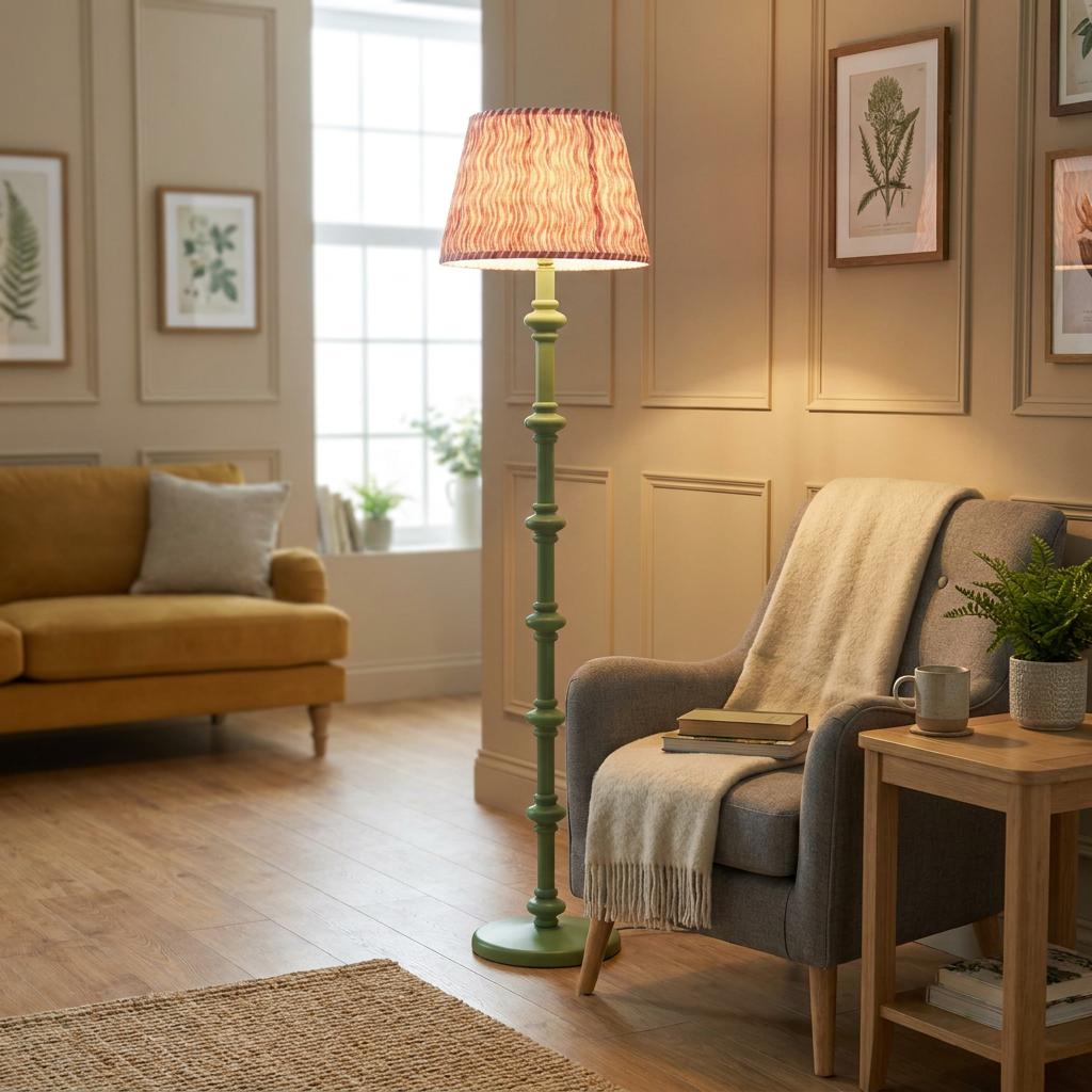 A green Carnaby floor lamp with a coral pink ripple shade illuminates a cozy living room next to a grey armchair.