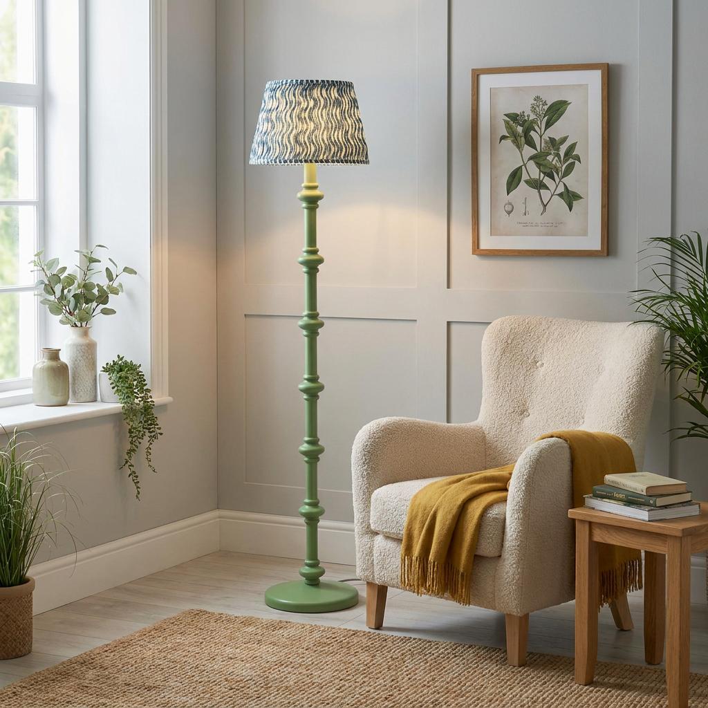 Green spindle floor lamp with a blue ripple shade by a cream armchair in a light-filled living room corner.