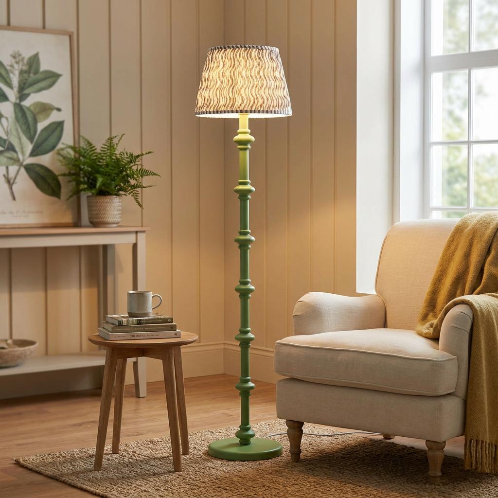 Carnaby green spindle floor lamp with ripple pearl grey shade standing beside a beige armchair in a cozy room.