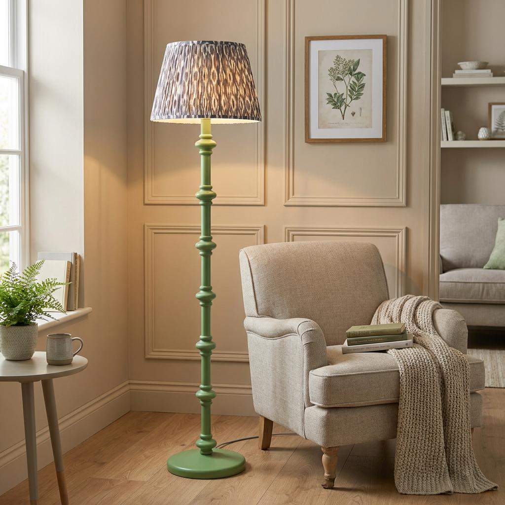 Carnaby green wooden floor lamp with an ikat pearl grey shade standing next to a beige armchair in a cozy living room.