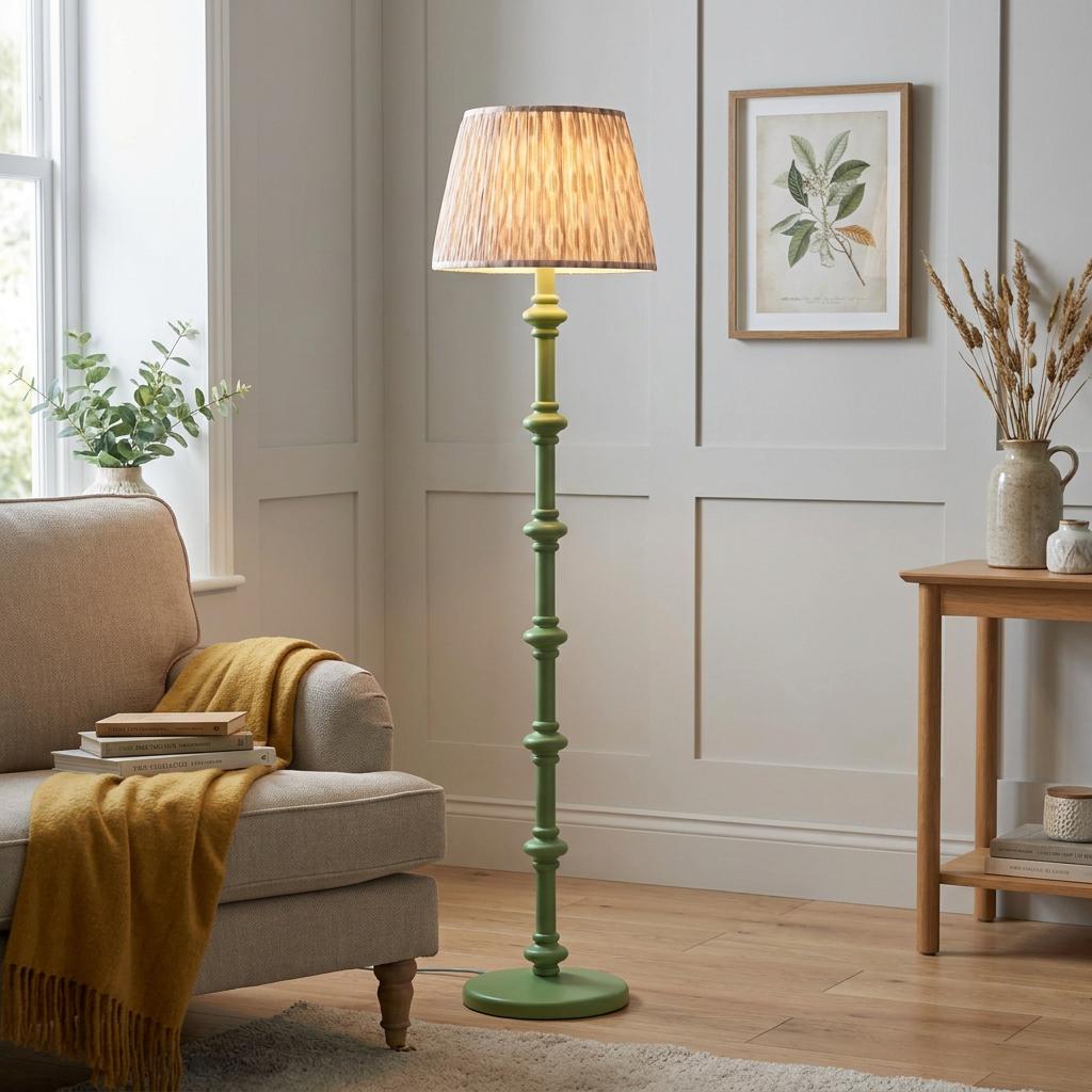 Green wooden floor lamp with a neutral ikat shade illuminated in a cozy living room with paneled walls.