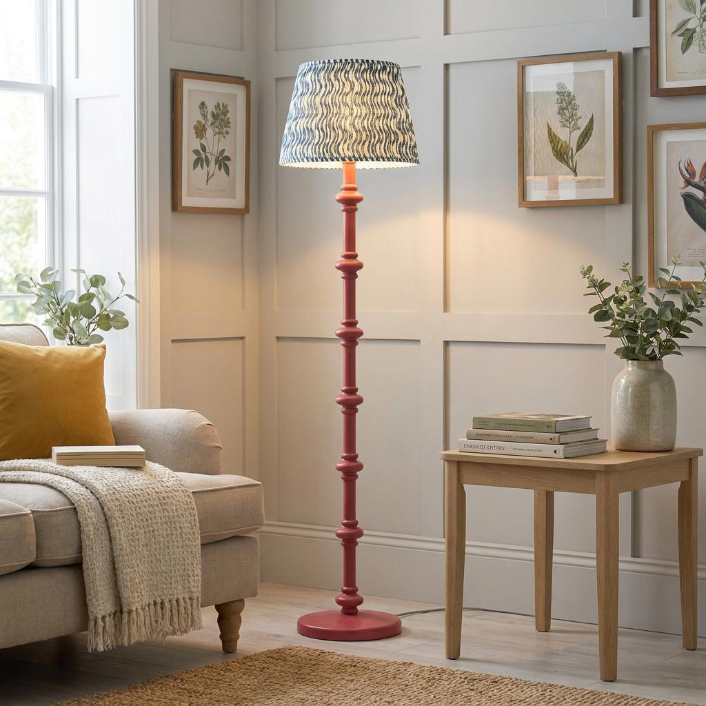Pink wooden spindle floor lamp with blue ripple shade standing next to a sofa in a paneled living room.