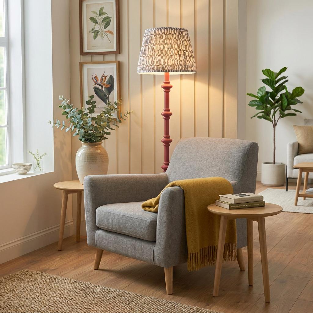 Pink bobbin floor lamp with a ripple patterned shade behind a grey armchair in a warm living room.