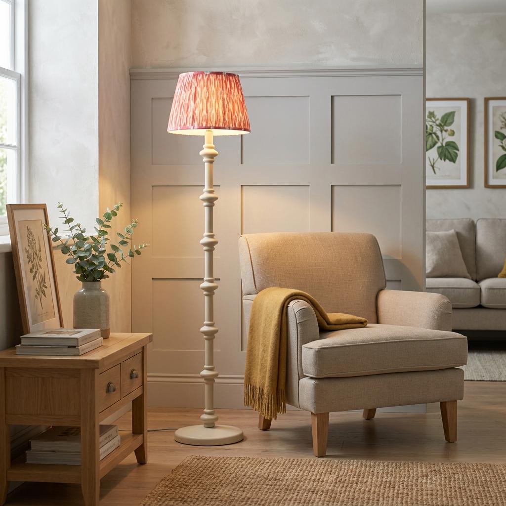 Carnaby white floor lamp with a coral pink ikat shade by a beige armchair in a warm living room.