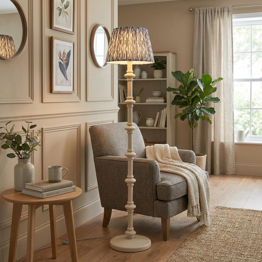 Carnaby white floor lamp with an ikat pearl grey shade beside a grey armchair in a neutral-toned living room.