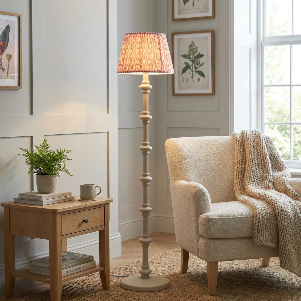 Carnaby white floor lamp with a coral pink ripple shade next to a cream armchair in a bright living room.