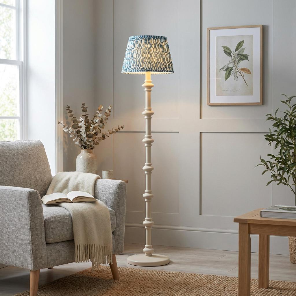 White spindle floor lamp with a blue ripple pattern shade next to a grey armchair in a neutral-toned living room.