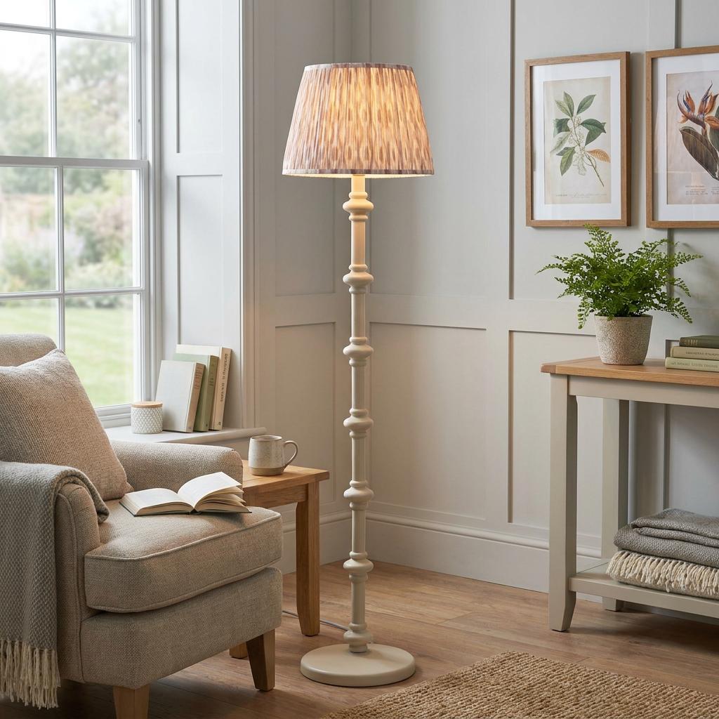 A white turned wood floor lamp with a pleated ikat pattern shade in a cozy living room setting.