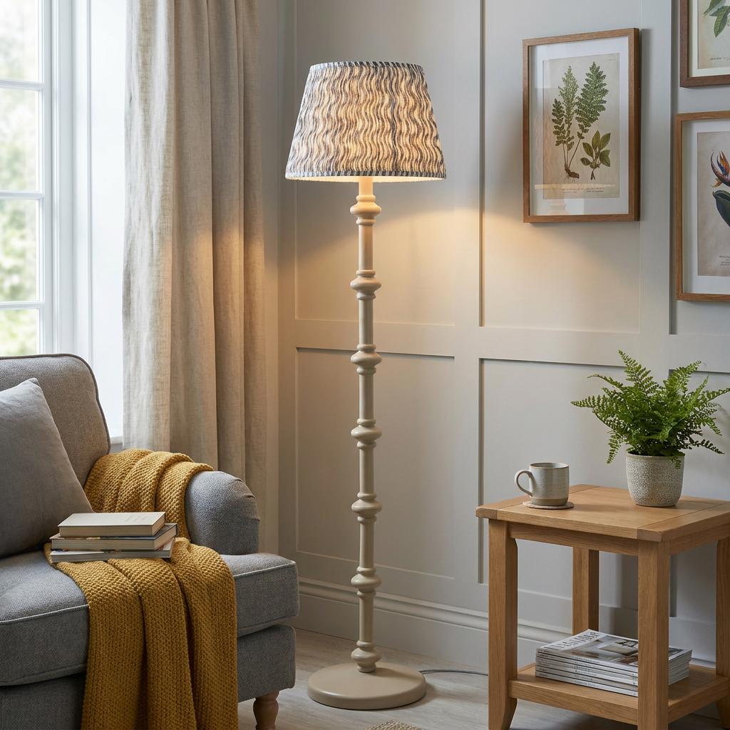 Carnaby white wooden floor lamp with a ripple pearl grey shade in a cozy living room setting.