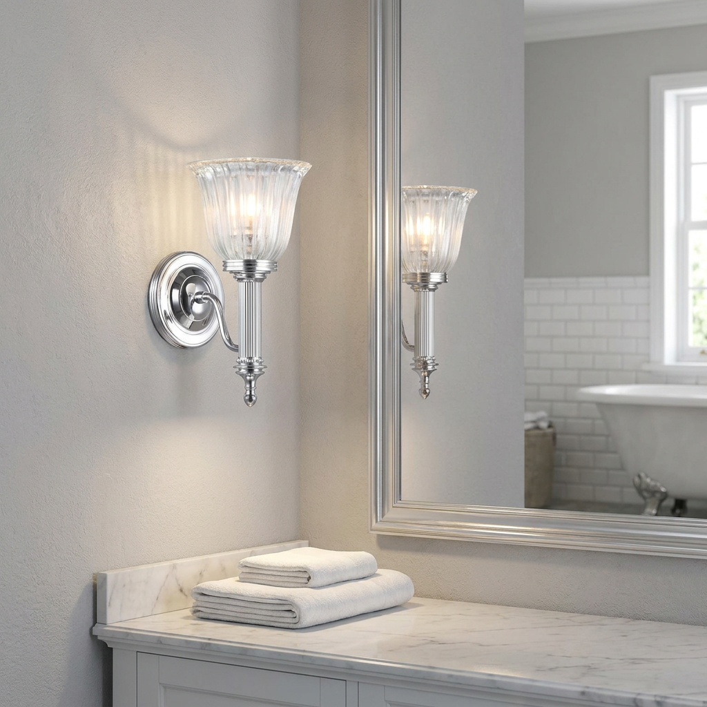 Polished chrome wall light with a fluted glass cloche shade mounted next to a bathroom mirror.