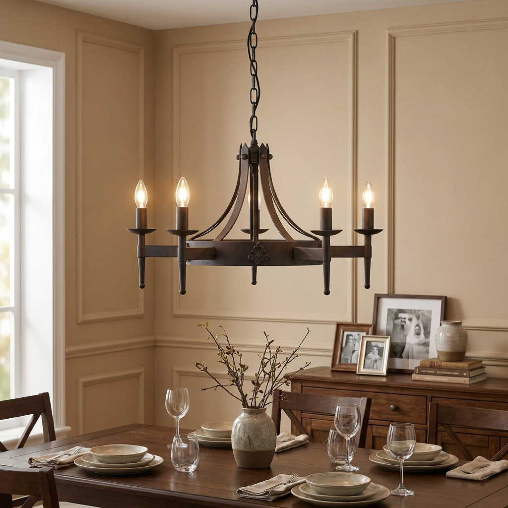Cartwheel II 5 light black wrought iron chandelier hanging above a set dining table in a neutral room.