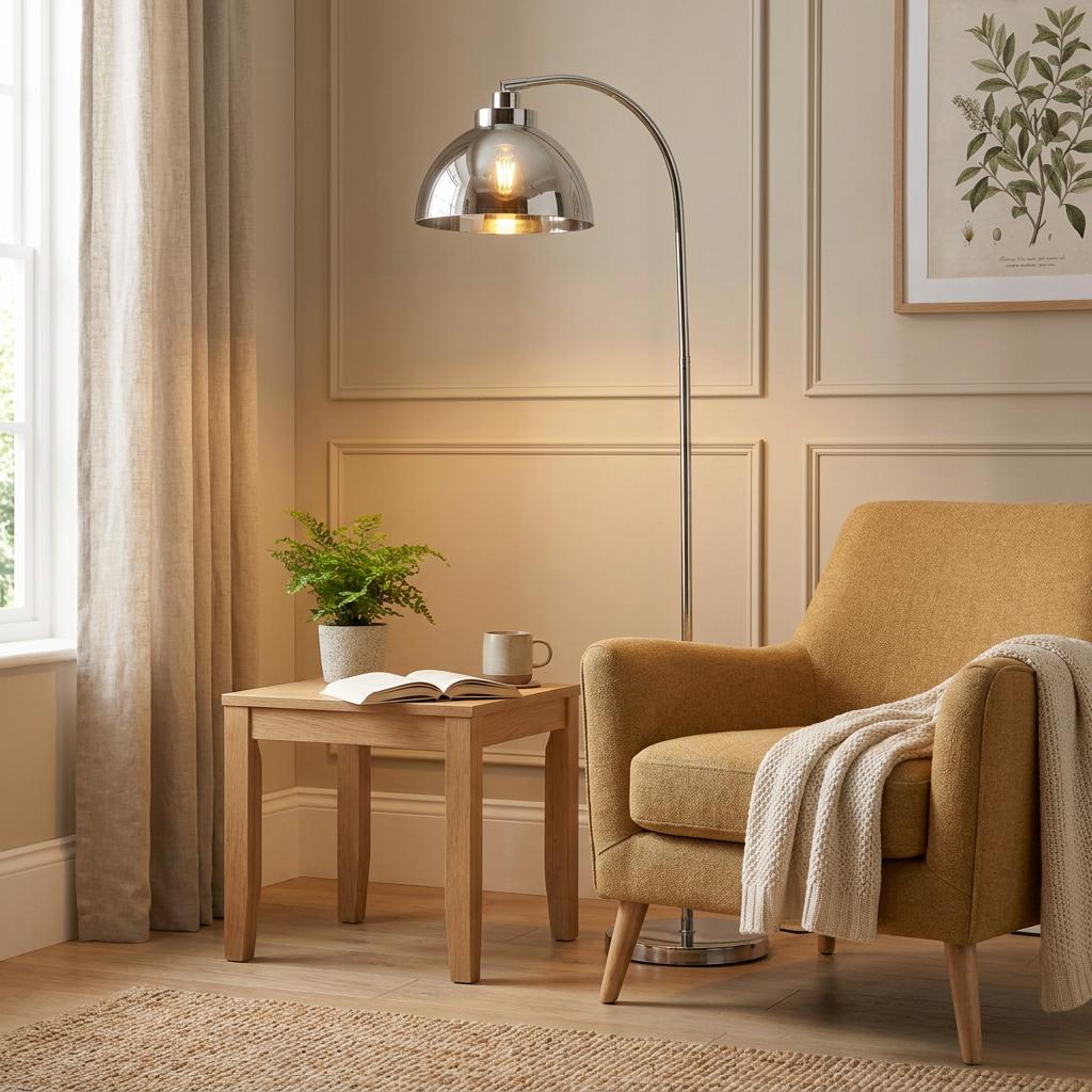 Modern nickel arched floor lamp with a smoked glass shade illuminating a yellow armchair in a cozy living room.
