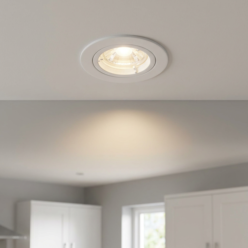 Warm-lit Cast Matt White Recessed Downlight installed in a white ceiling above a blurred kitchen.