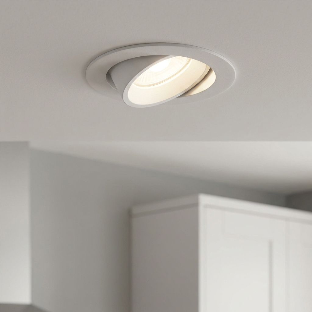 Cast matt white tilt recessed downlight glowing with warm light on a white ceiling.