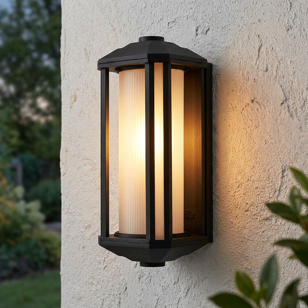 Castelle black medium outdoor wall lantern with ribbed glass emitting warm light on a textured exterior wall.