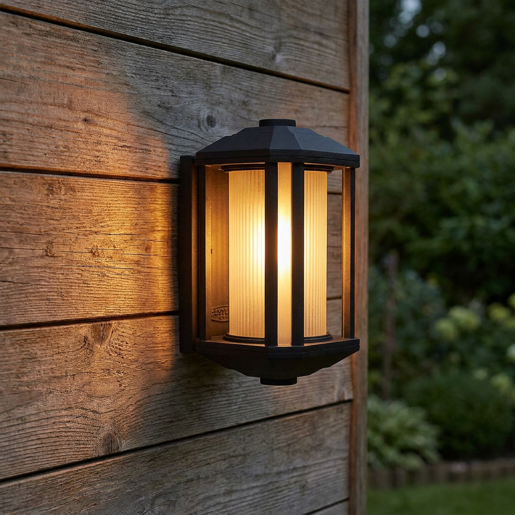 Castelle black outdoor wall lantern with ribbed glass glowing warmly on a weathered wooden fence.