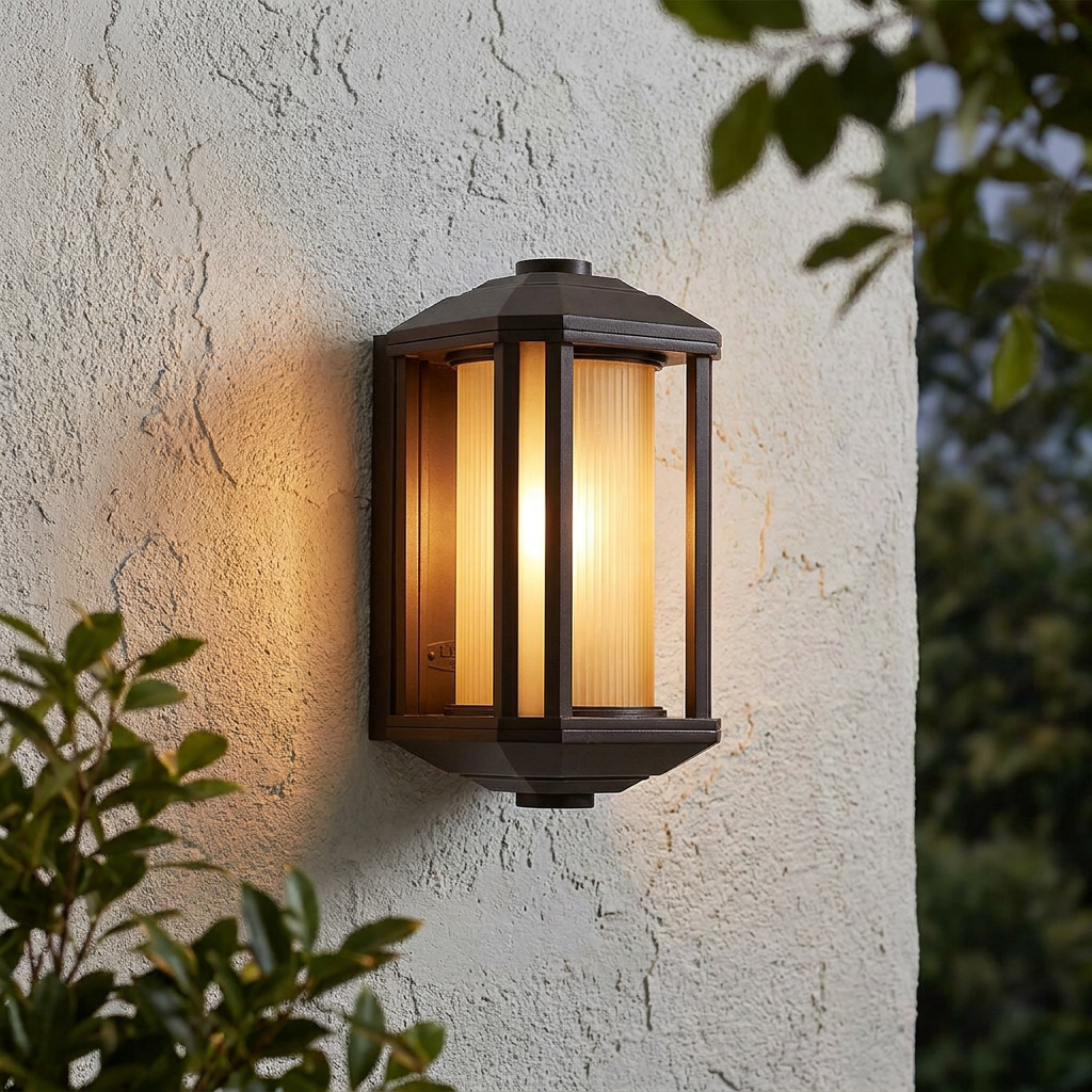 Bronze outdoor wall lantern with ribbed amber glass glowing warmly against a textured stucco wall.