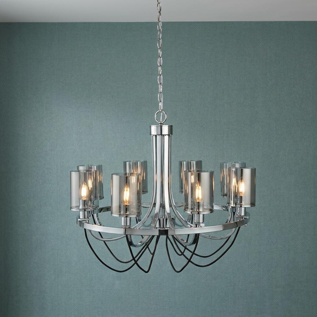Catalina 8-light chrome pendant chandelier with smoked glass shades and decorative black looping cables.