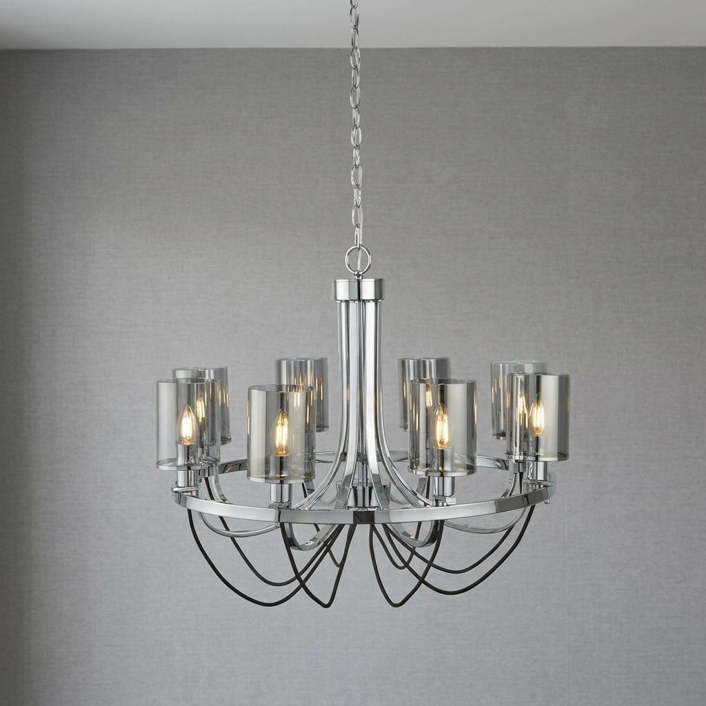 Modern 8-light chrome pendant featuring smoked glass shades and hanging wire details against a grey textured background.