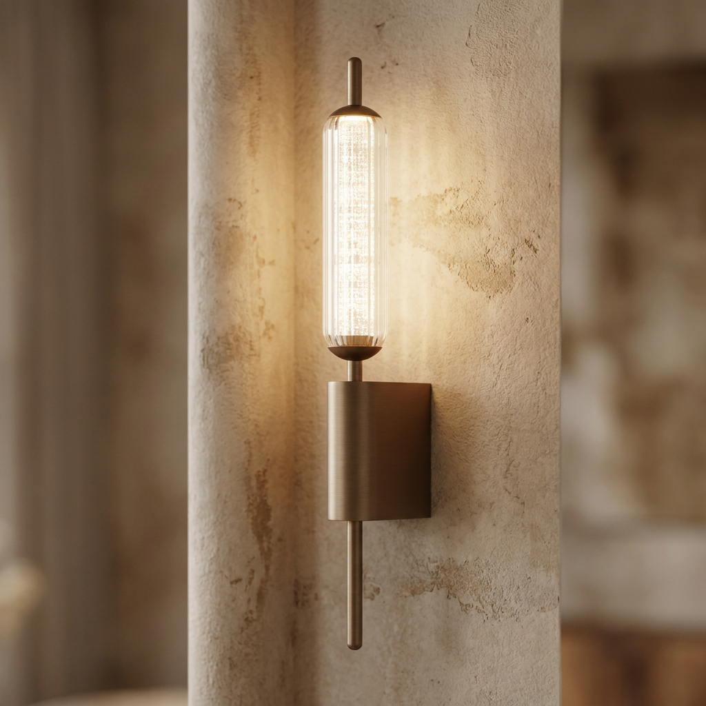 Modern cattail LED wall light with textured glass and latte finish mounted on a neutral stone wall.