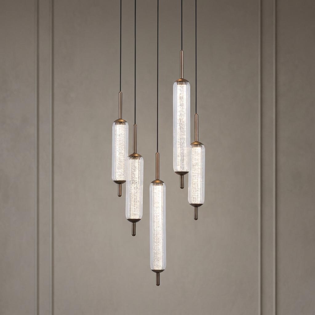 Five cylindrical fluted glass pendant lights with bronze hardware hanging at varying heights against a neutral wall.
