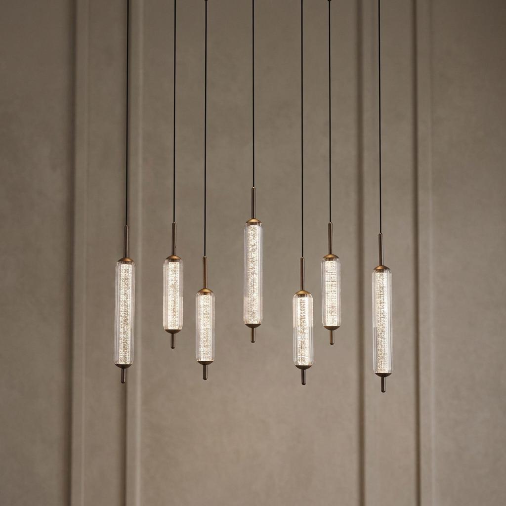 Seven staggered cylindrical LED pendant lights with glowing bubbly glass and antique brass hardware.