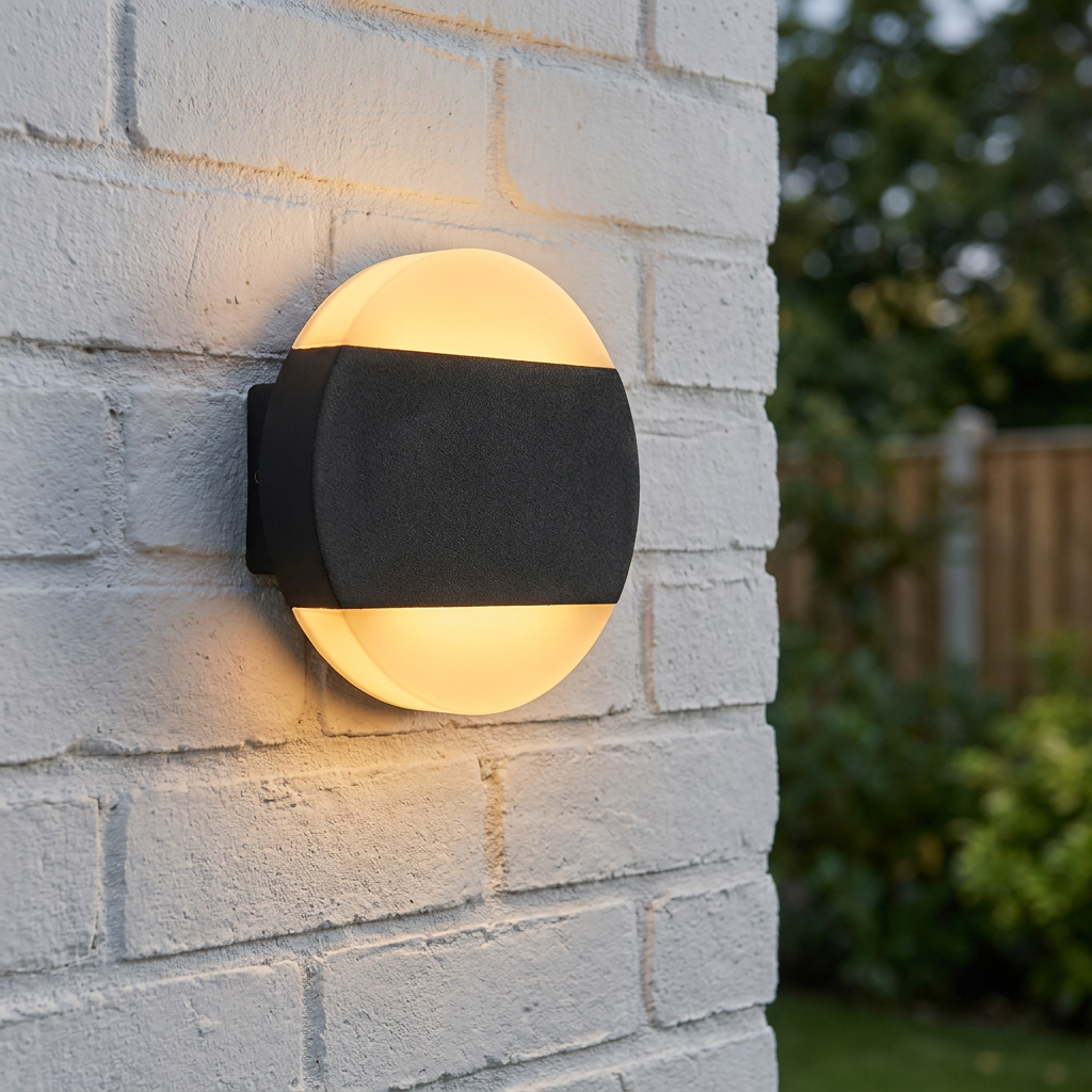 A circular black outdoor wall light with warm LED illumination glowing from the top and bottom on a white brick wall.