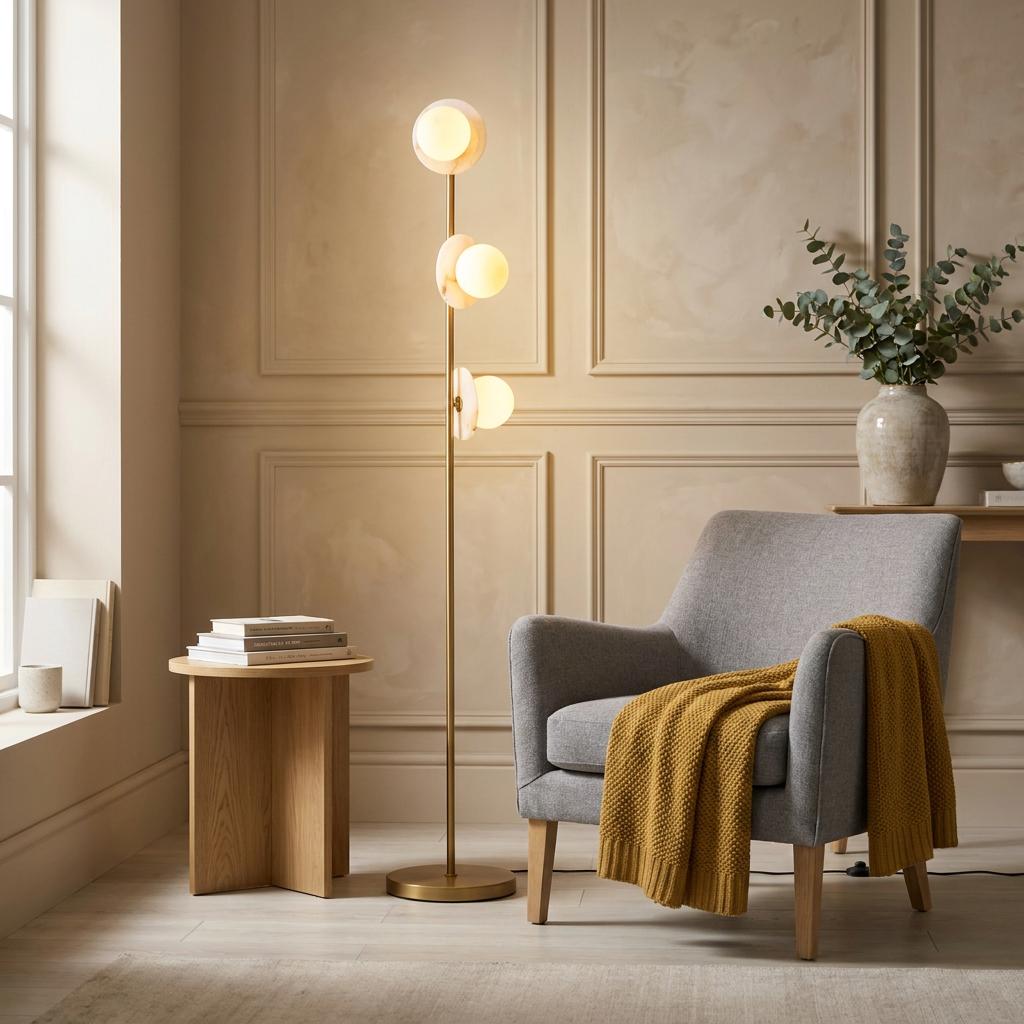 Cerchio 3-light gold floor lamp with opal globe shades illuminates a cozy living room with a grey armchair.