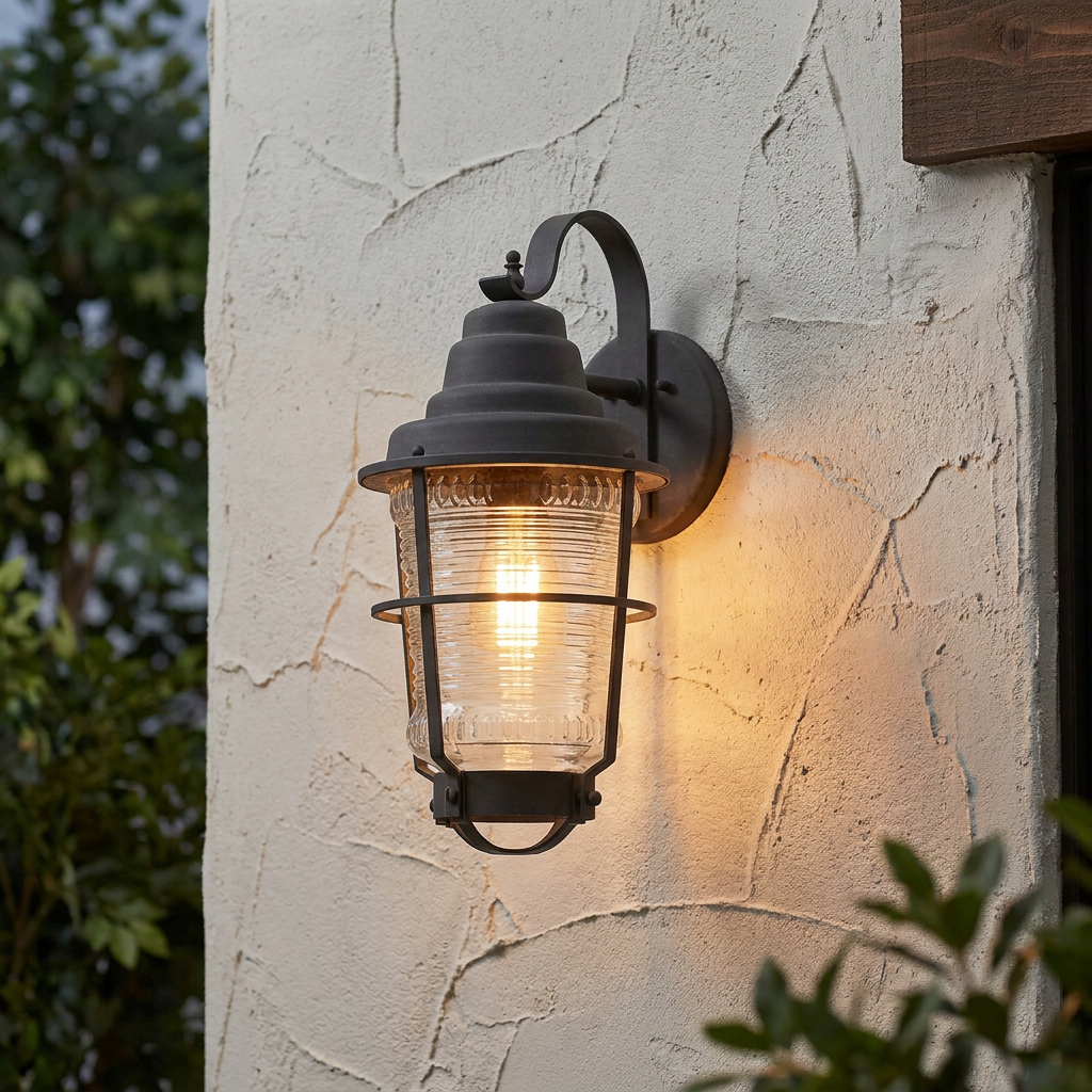 A zinc outdoor wall lantern with ribbed glass and a warm glow, mounted on a textured stucco wall.