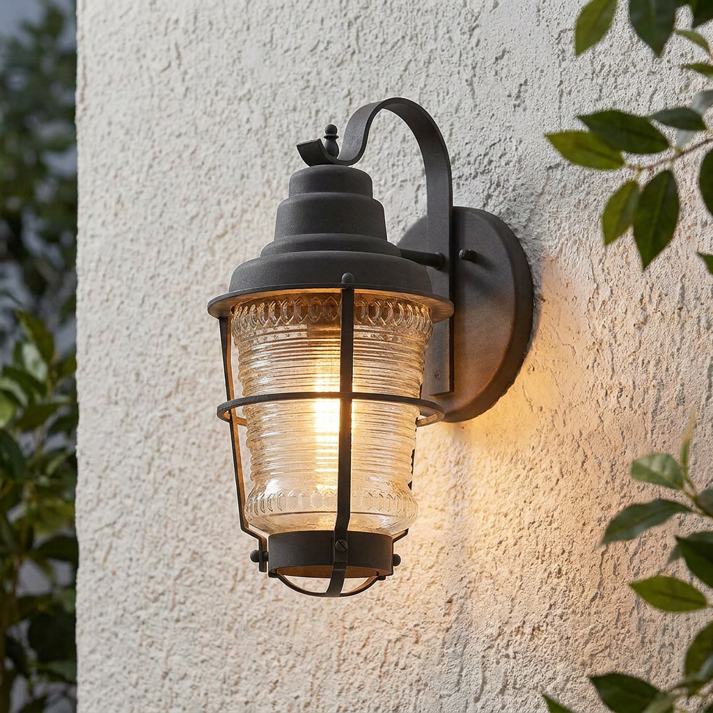 Lit Chance Harbor outdoor wall lantern with a zinc finish and ribbed glass mounted on a white stucco wall.