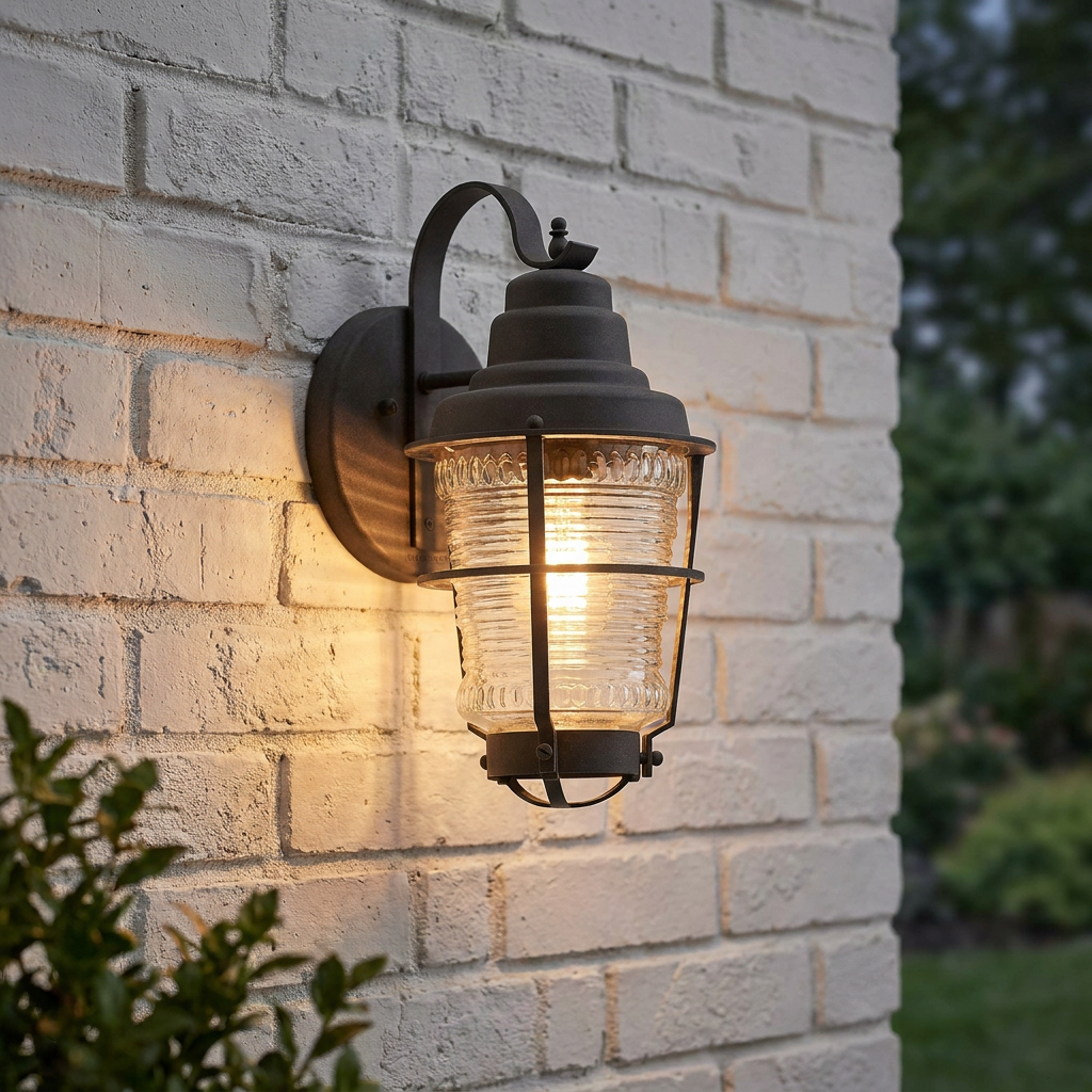 Chance Harbor small zinc outdoor wall lantern with ribbed glass, illuminated on a white brick wall.