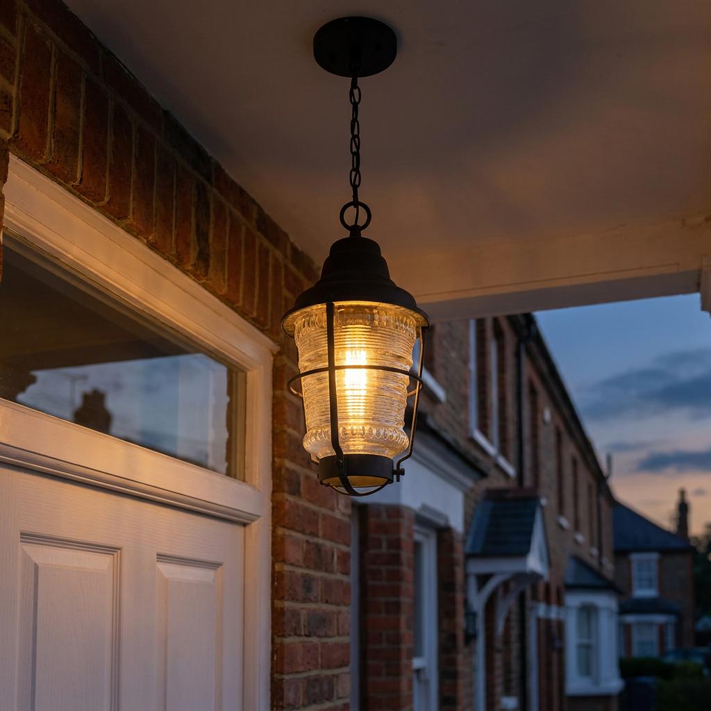 Lit black chain lantern with a ribbed glass shade hanging from a porch ceiling next to a white door.