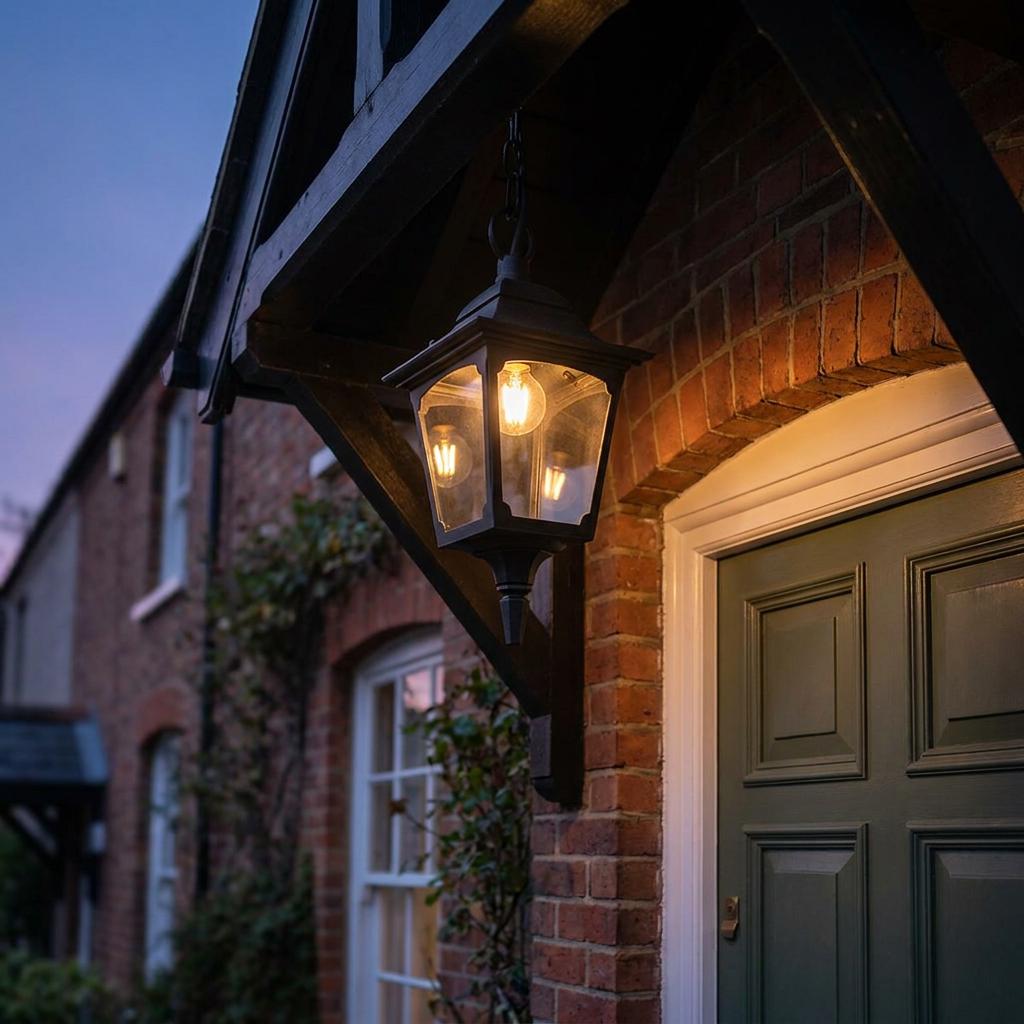 Traditional black outdoor lantern with a warm bulb hanging from a wooden porch above a green front door.