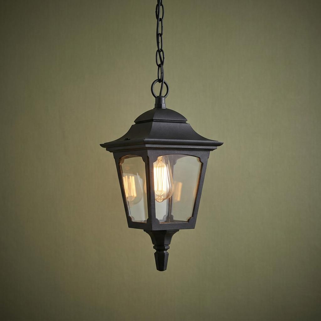 Black outdoor hanging lantern with clear glass panels and a glowing bulb against a muted green background.
