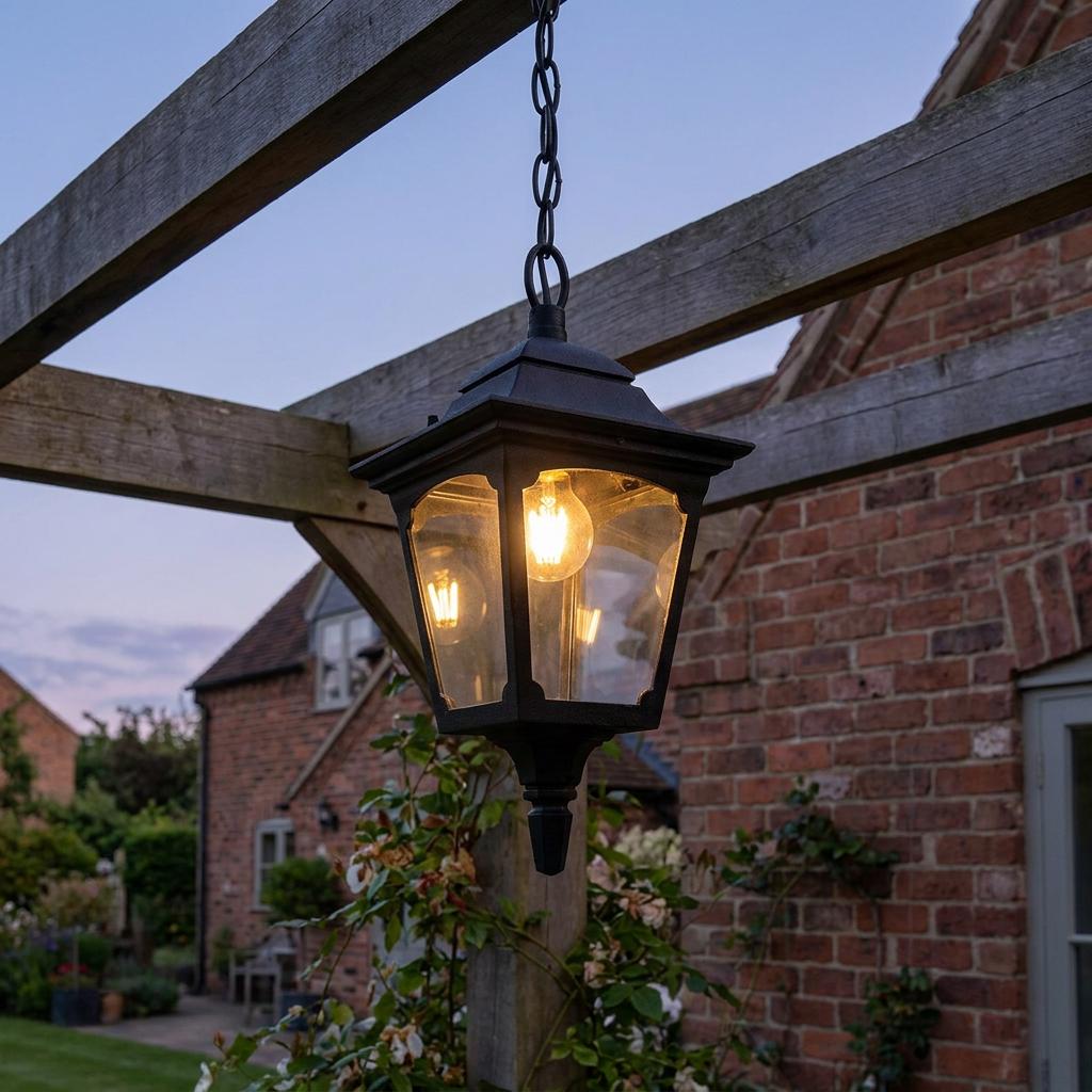 Black outdoor lantern with glass panels and a glowing bulb hanging from a pergola against a brick house.