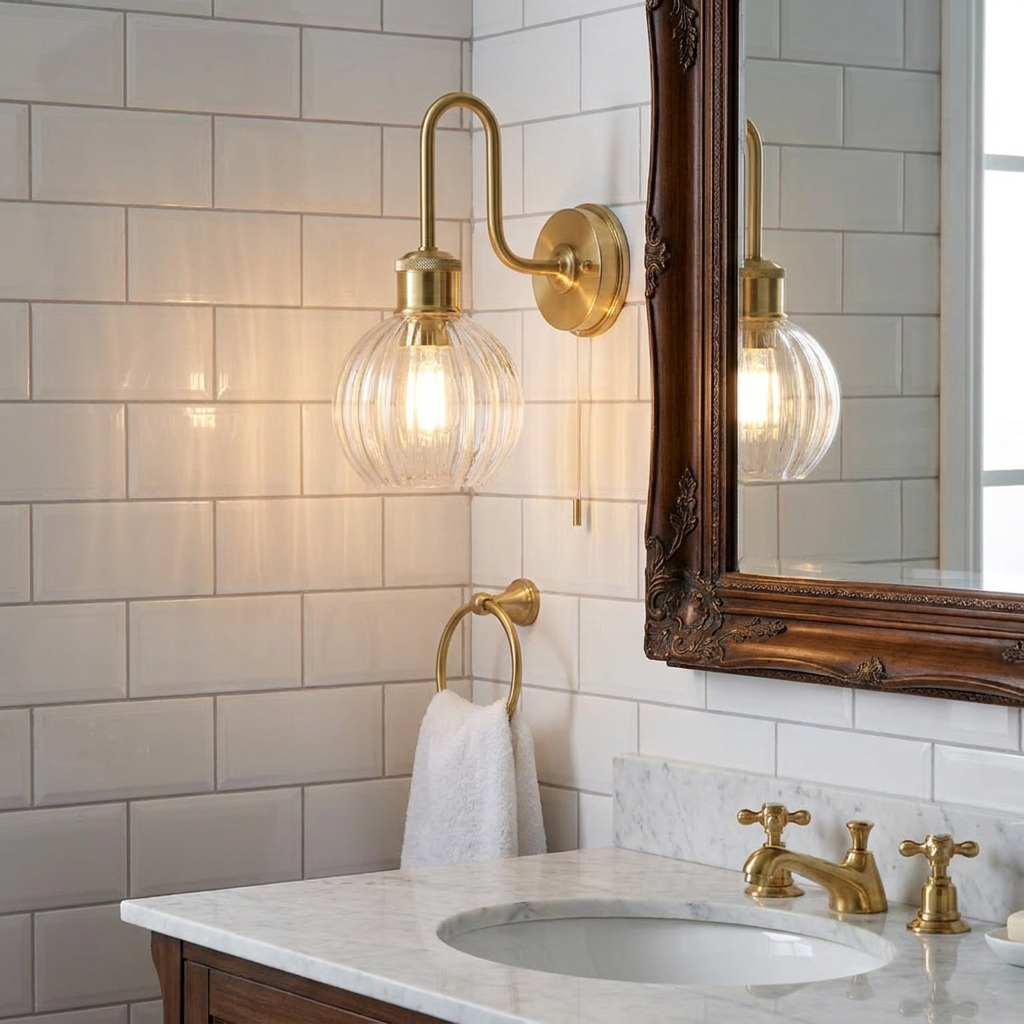 Chelsea Brass Bathroom Wall Light - Clear Ribbed Glass Shade-OPEN-BOX-BSL-270826