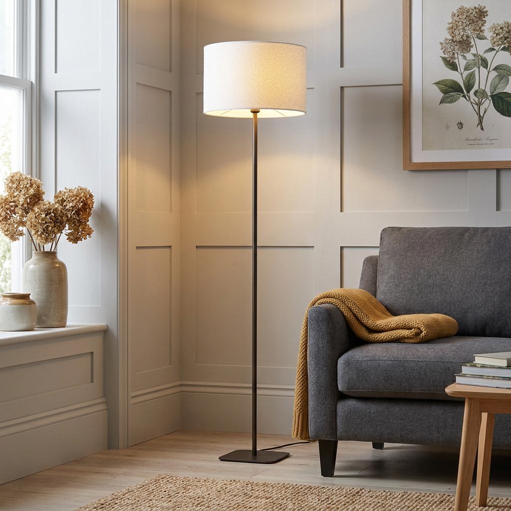 Chelsea latte metal floor lamp with a cashmere-style drum shade beside a grey sofa in a neutral living room.