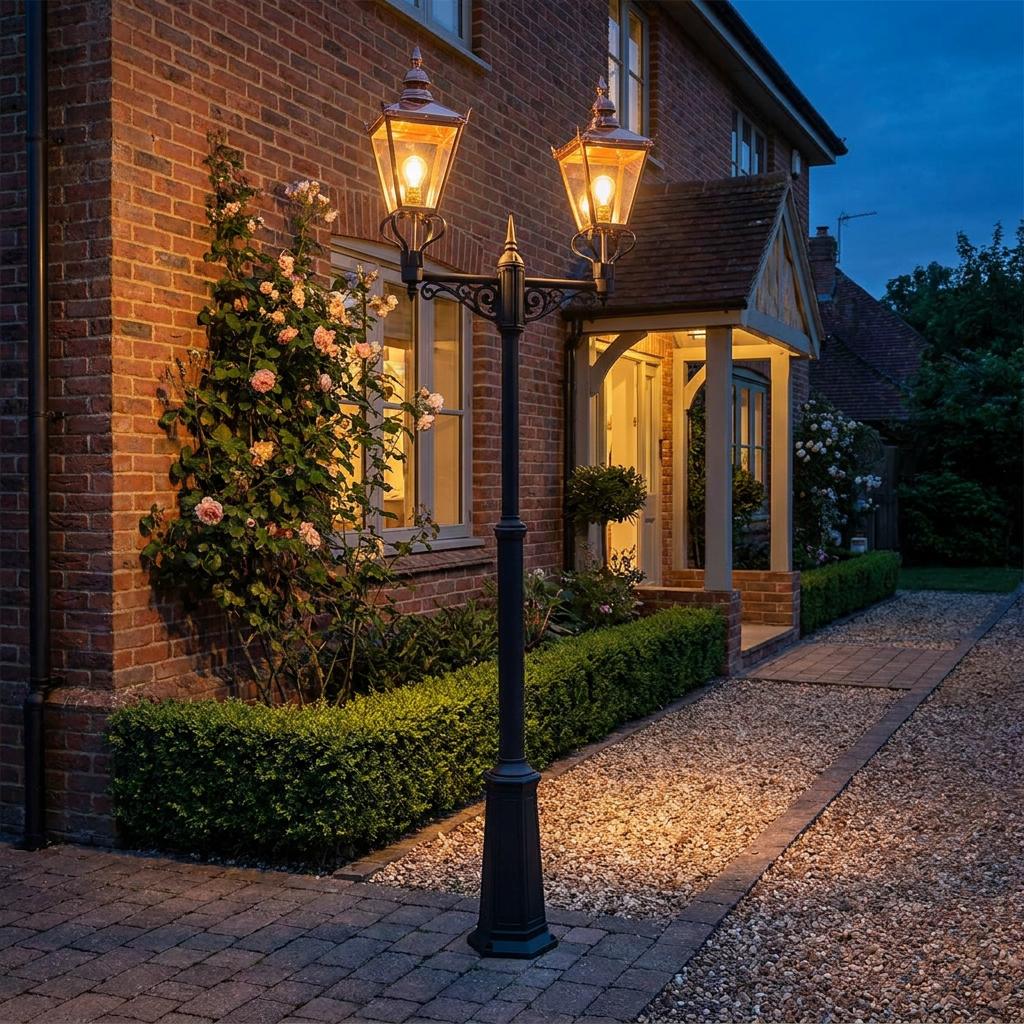 Lit Chelsea Twin Head Lamp Post standing outside a brick house, illuminating a gravel path at dusk.
