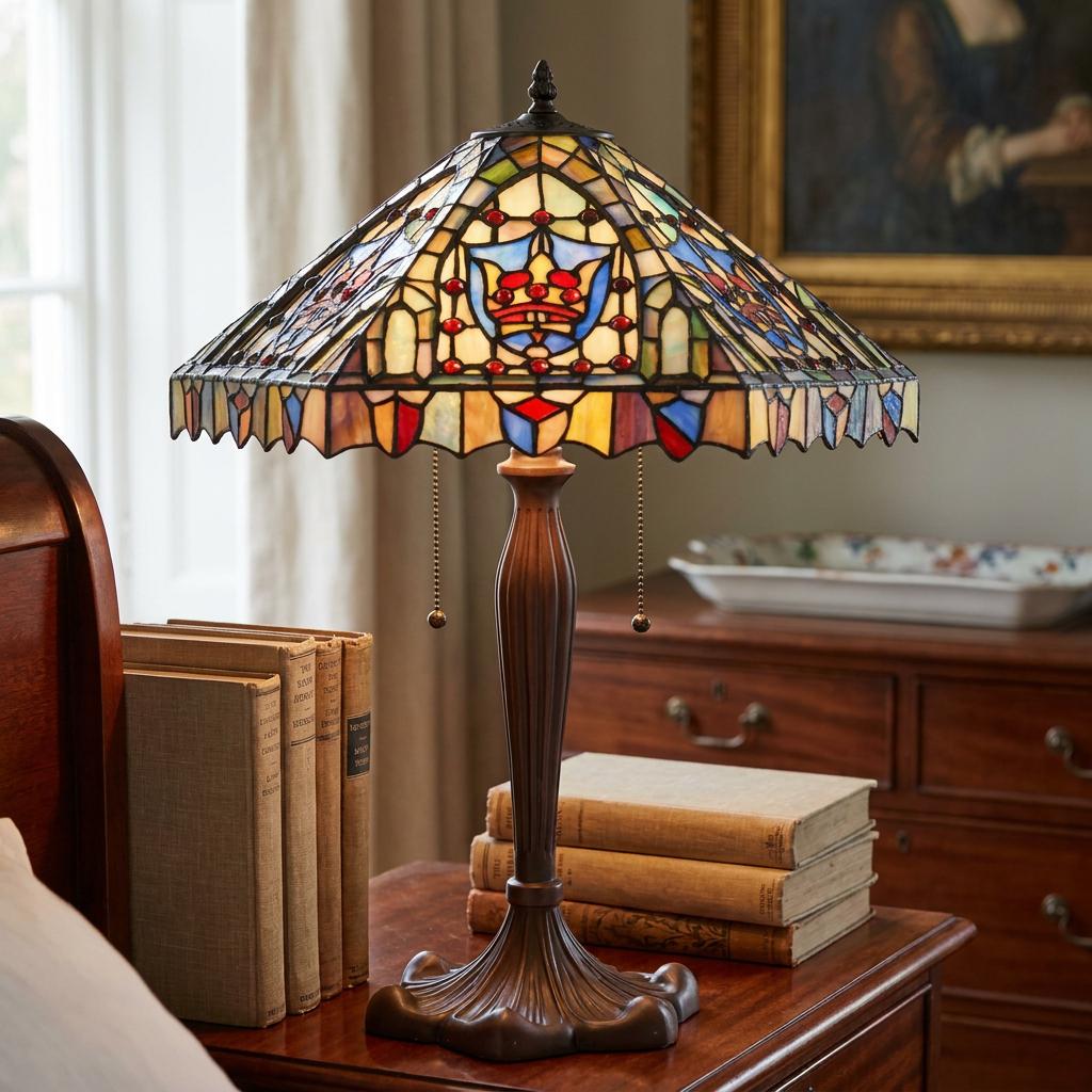 Cheltenham Tiffany table lamp with a colourful crown motif stained glass shade on a wooden bedside table.
