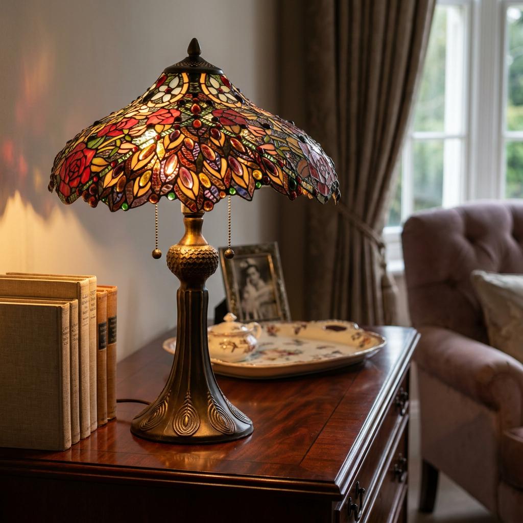 Ornate Tiffany table lamp with a colorful stained glass shade resting on a dark wood dresser in a cozy room.