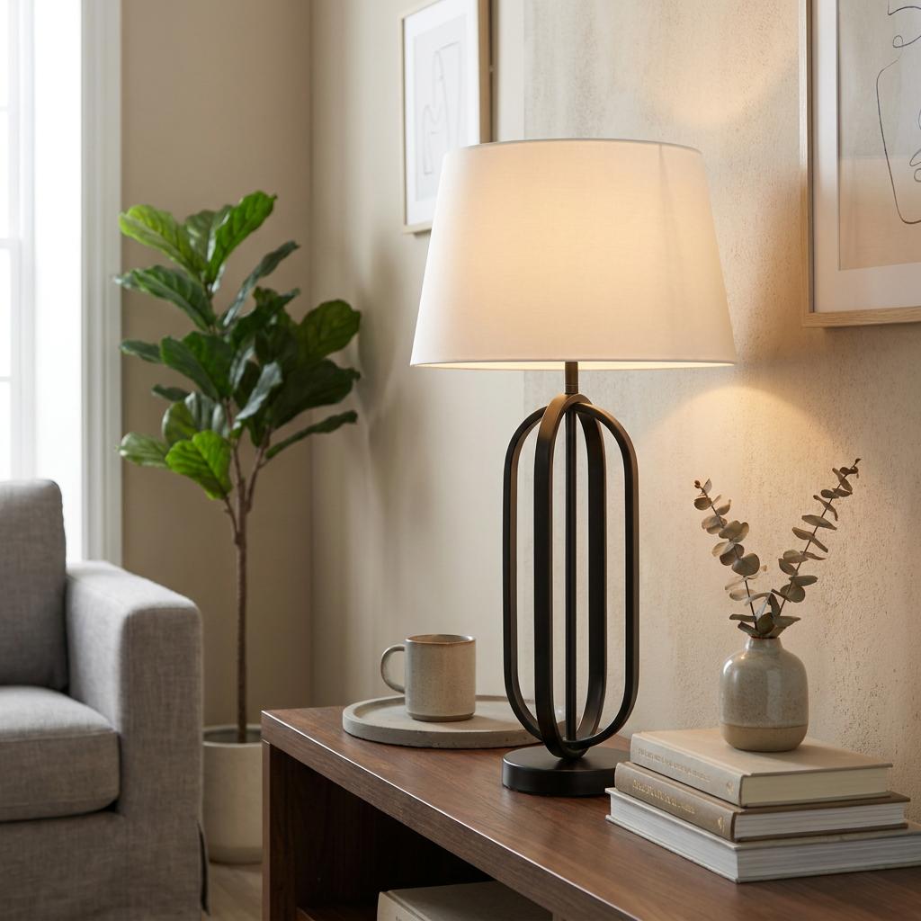 Matte black table lamp with a slatted oval base and white shade on a wooden console table in a cozy living room.