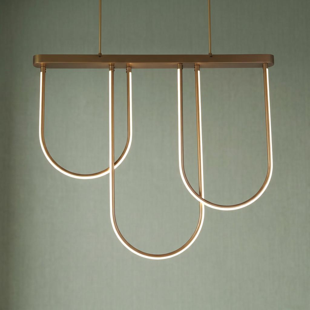 Modern bronze pendant light with three glowing U-shaped LED bars hanging against a green textured wall.