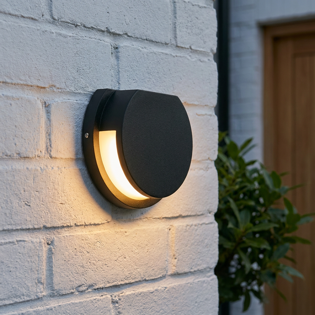 A black circular LED outdoor wall light mounted on a white brick wall, emitting a warm glow from its base.